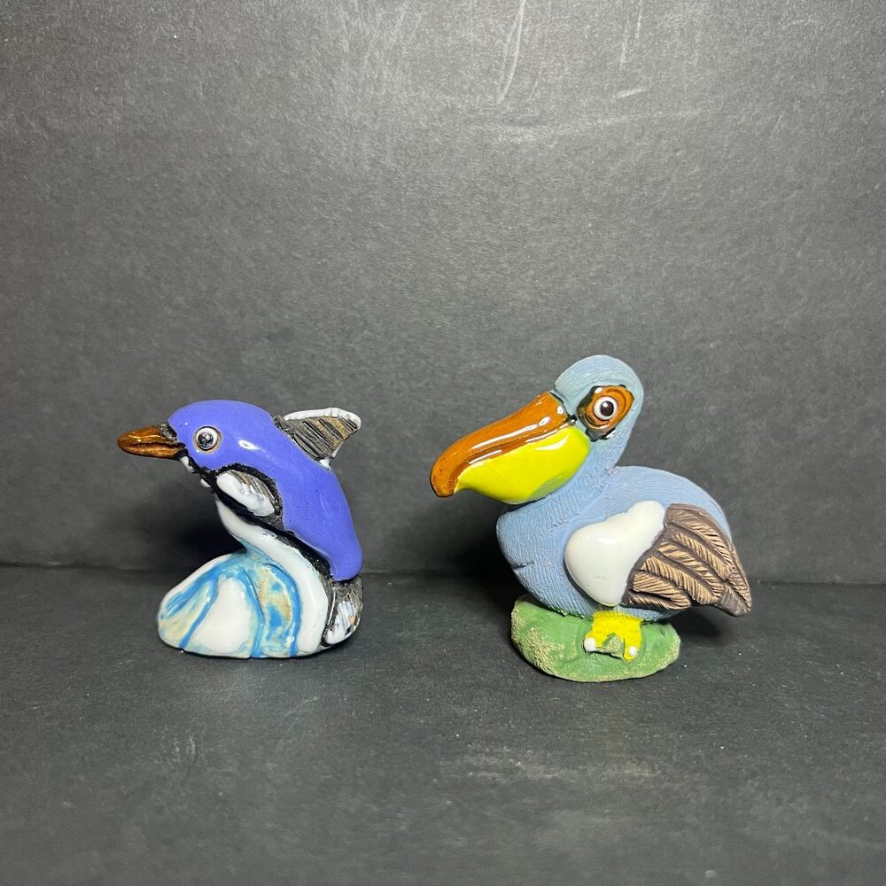 VTG Lot of 2 Peruvian Mini Clay Coastal Camil Dolphin & Leps Pelican Figurines